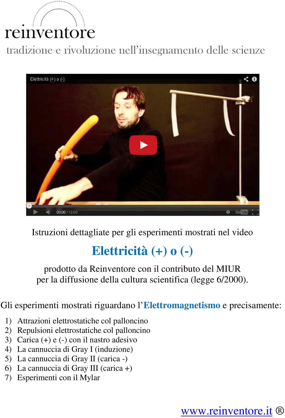 Gli esperimenti mostrati riguardano l Elettromagnetismo e precisamente: 1) Attrazioni elettrostatiche col palloncino 2) Repulsioni elettrostatiche col