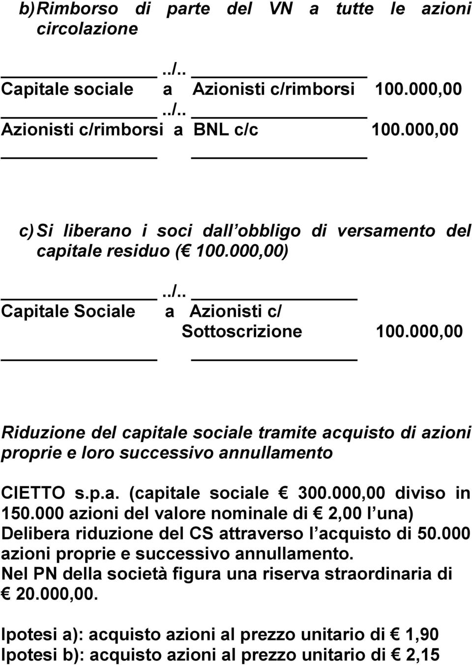 000,00 Riduzione del capitale sociale tramite acquisto di azioni proprie e loro successivo annullamento CIETTO s.p.a. (capitale sociale 300.000,00 diviso in 150.