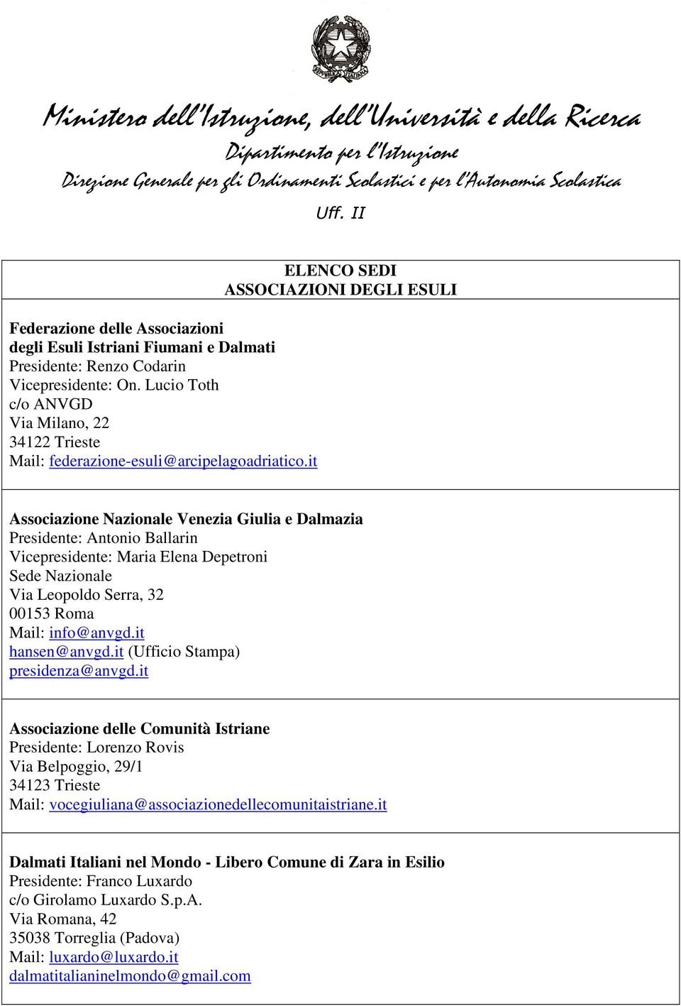Lucio Toth c/o ANVGD Via Milano, 22 34122 Trieste Mail: federazione-esuli@arcipelagoadriatico.