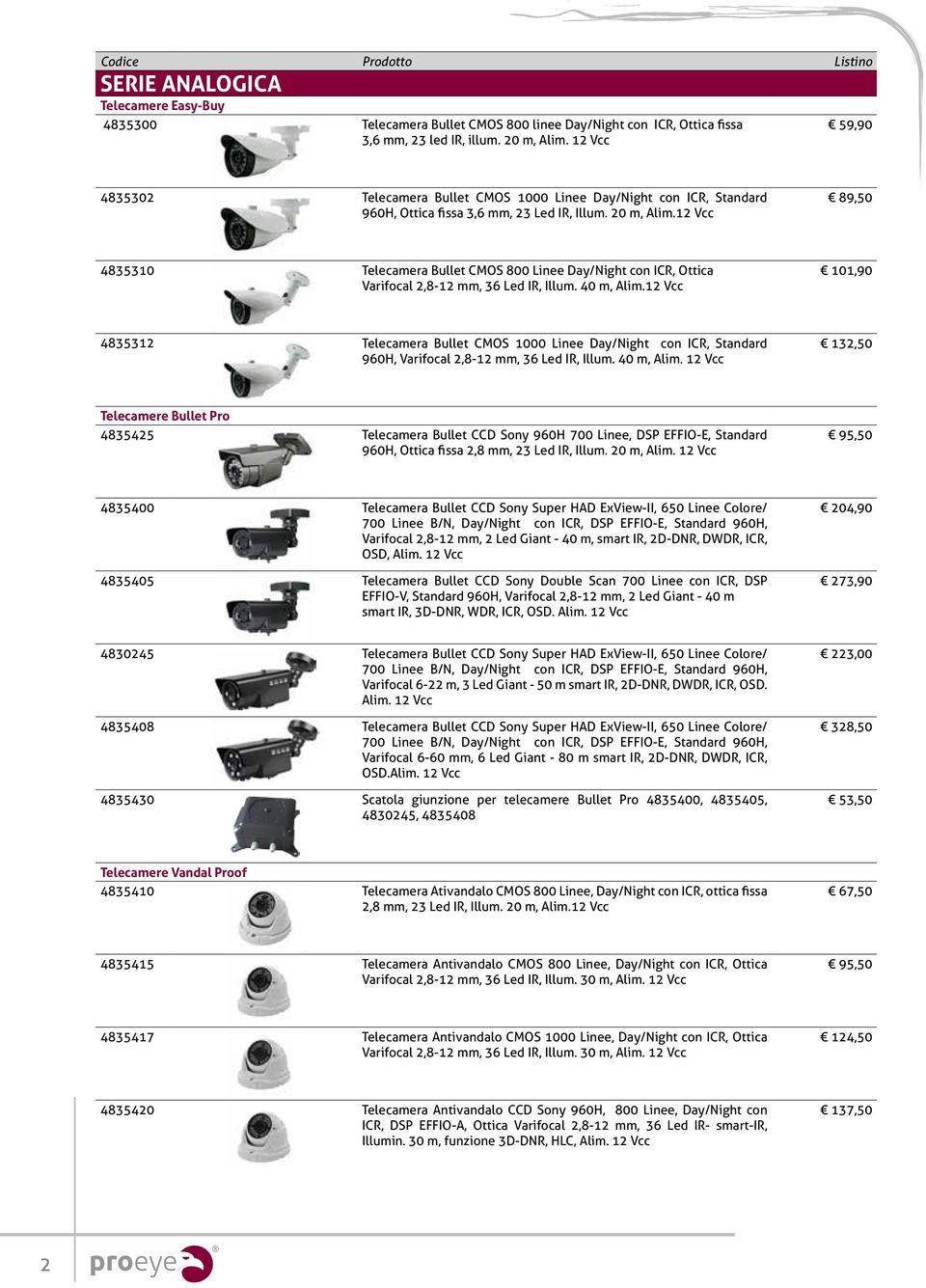 12 Vcc 89,50 4835310 Telecamera Bullet CMOS 800 Linee Day/Night con ICR, Ottica Varifocal 2,8-12 mm, 36 Led IR, Illum. 40 m, Alim.