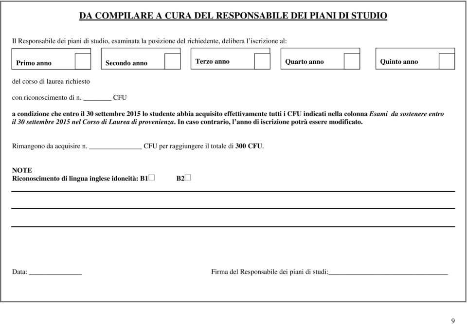 a condizione che entro il 30 settembre 2015 lo studente abbia acquisito effettivamente tutti i indicati nella colonna Esami da sostenere entro il 30 settembre 2015