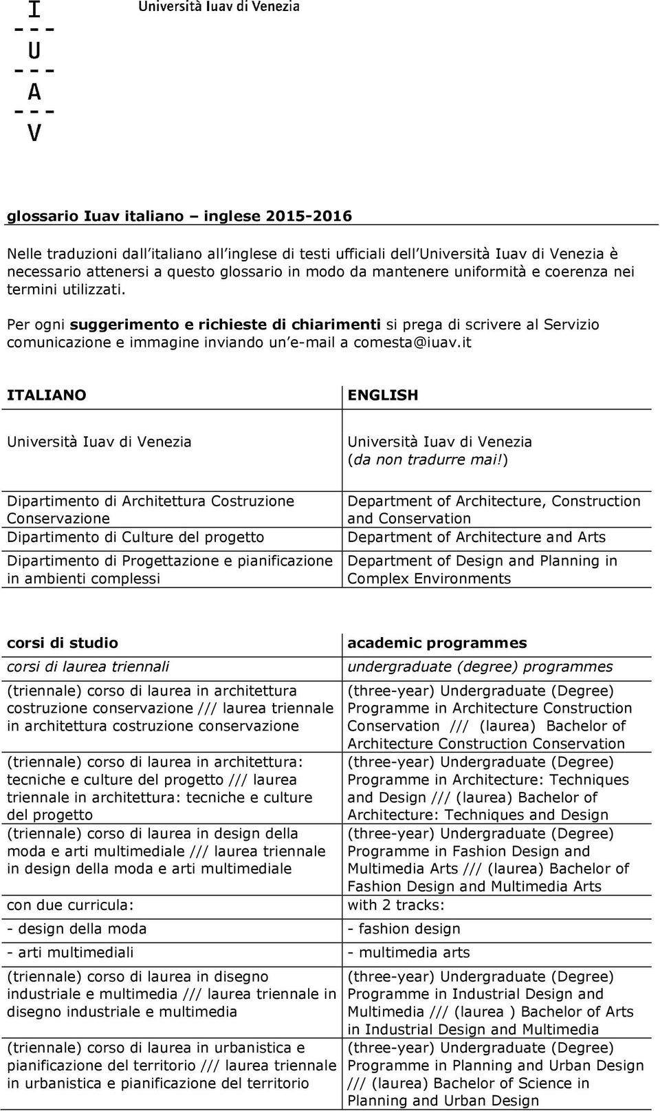 it ITALIANO ENGLISH Università Iuav di Venezia Dipartimento di Architettura Costruzione Conservazione Dipartimento di Culture del progetto Dipartimento di Progettazione e pianificazione in ambienti