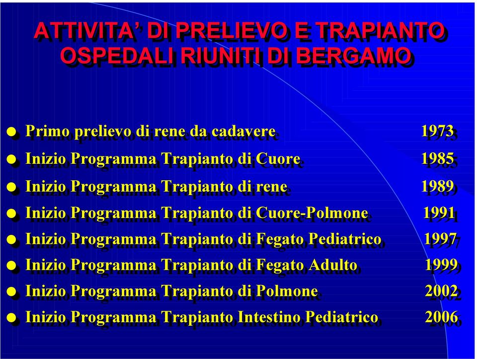 Trapianto di di Cuore-Polmone 1991 Inizio Programma Trapianto di di Fegato Pediatrico 1997 Inizio Programma