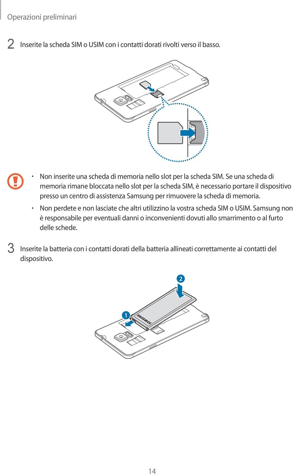 Se una scheda di memoria rimane bloccata nello slot per la scheda SIM, è necessario portare il dispositivo presso un centro di assistenza Samsung per rimuovere la