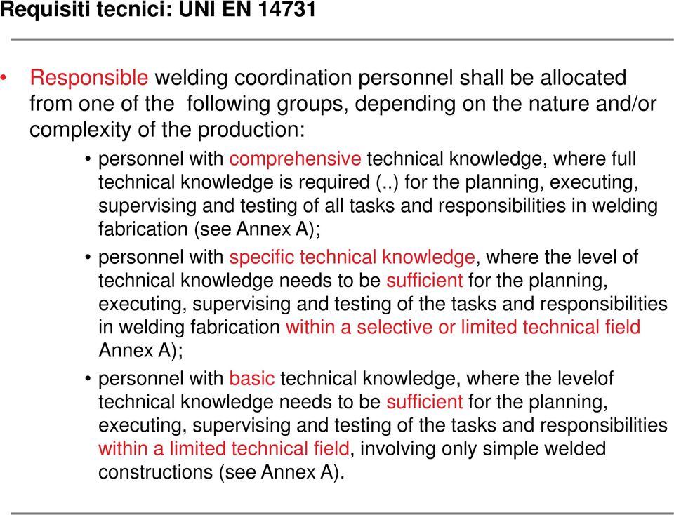 .) for the planning, executing, supervising and testing of all tasks and responsibilities in welding fabrication (see Annex A); personnel with specific technical knowledge, where the level of