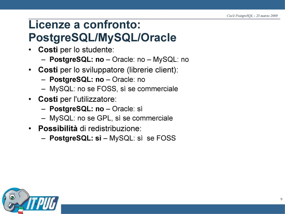 sì se commerciale Costi per l'utilizzatore: PostgreSQL: no Oracle: sì MySQL: no se GPL, sì se