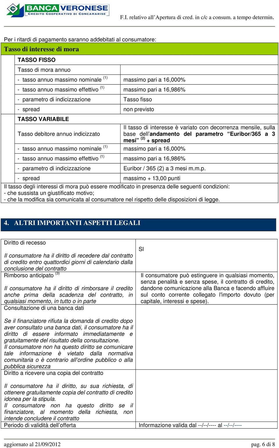 massimo pari a 16,000% - tasso annuo massimo effettivo (1) massimo pari a 16,986% Il tasso di interesse è variato con decorrenza mensile, sulla base dell andamento del parametro Euribor/365 a 3 mesi