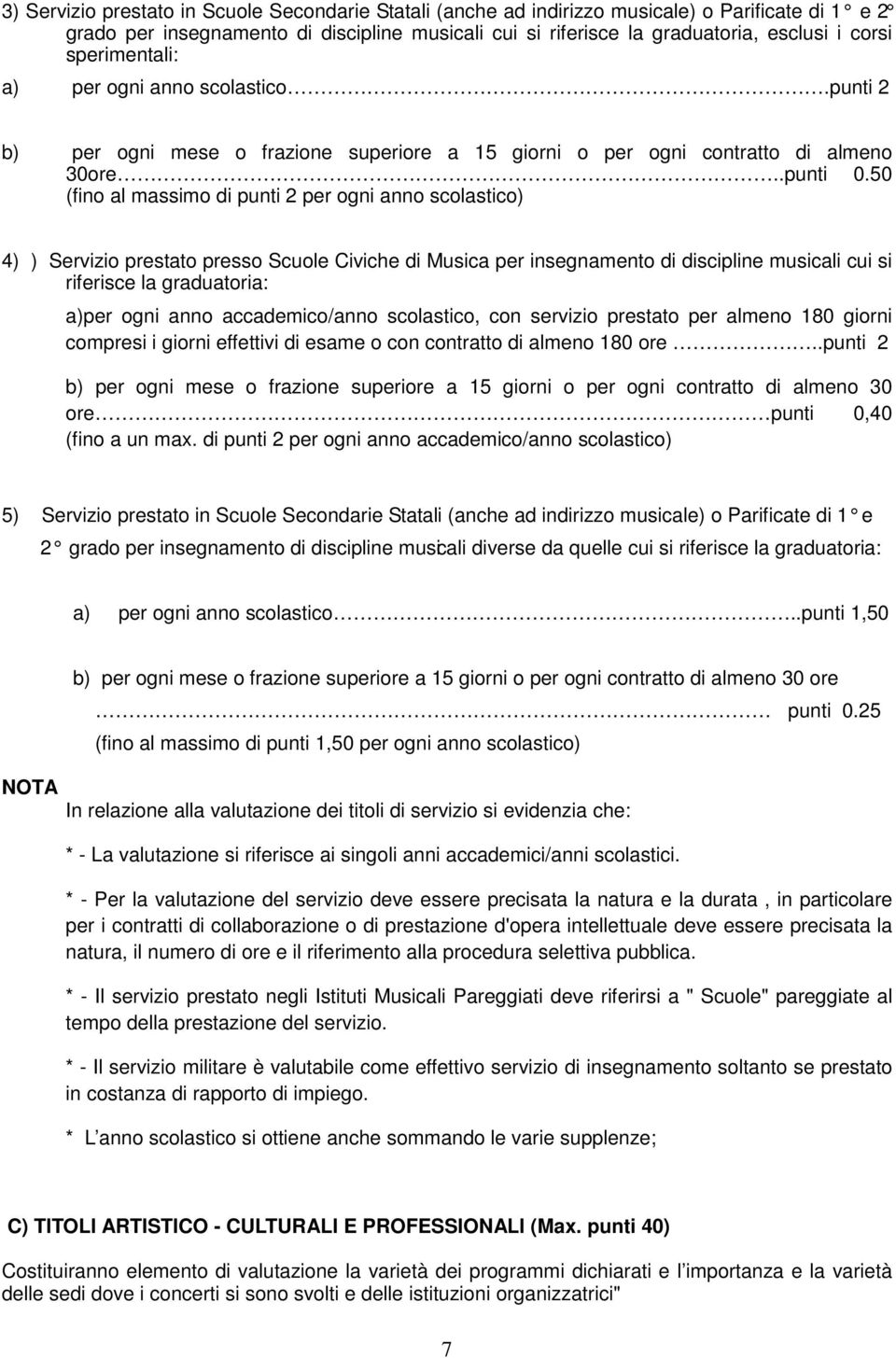 50 (fino al massimo di punti 2 per ogni anno scolastico) 4) ) Servizio prestato presso Scuole Civiche di Musica per insegnamento di discipline musicali cui si riferisce la graduatoria: a)per ogni