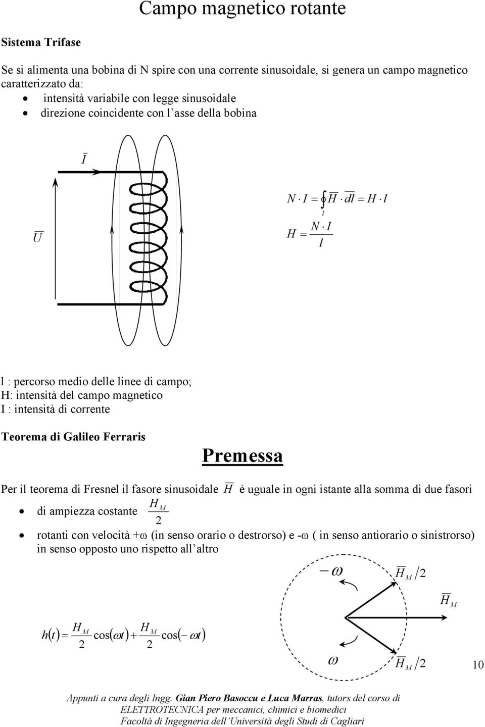 : intensità di corrente Teorema di Galileo Ferraris remessa er il teorema di Fresnel il fasore sinusoidale H è uguale in ogni istante alla somma di due fasori H di ampiezza