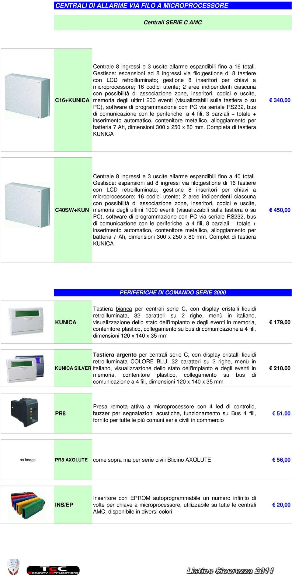 possibilità di associazione zone, inseritori, codici e uscite, memoria degli ultimi 200 eventi (visualizzabili sulla tastiera o su PC), software di programmazione con PC via seriale RS232, bus di