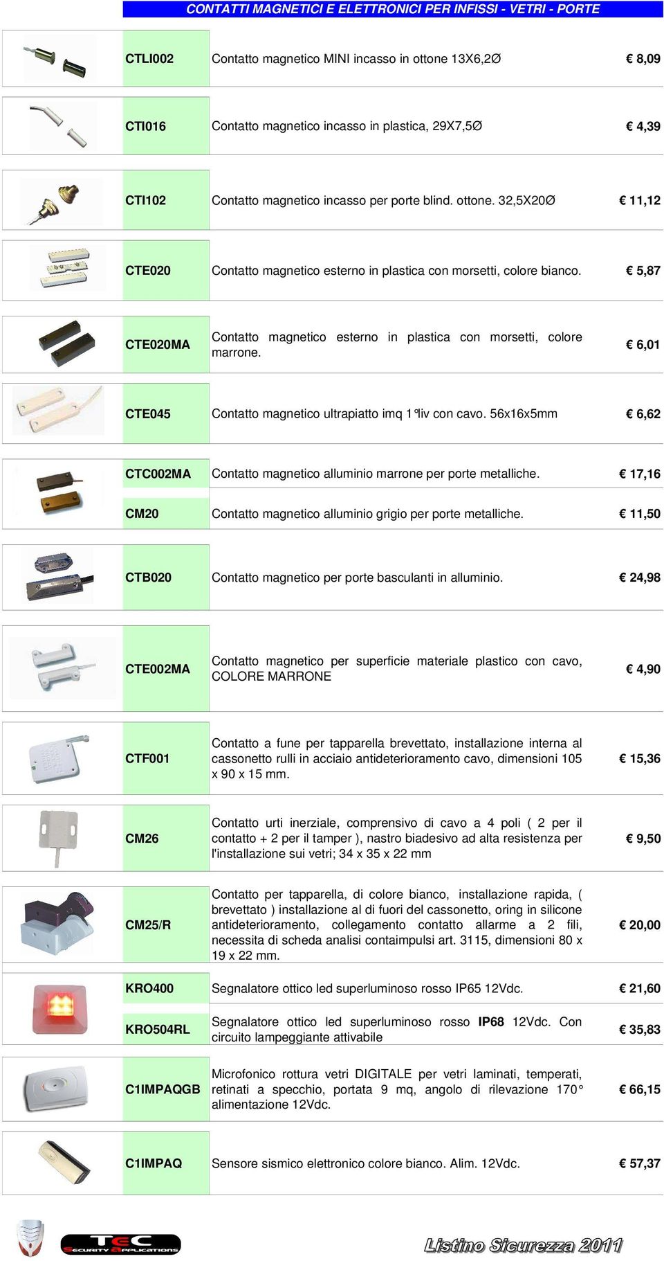 5,87 CTE020MA Contatto magnetico esterno in plastica con morsetti, colore marrone. 6,01 CTE045 Contatto magnetico ultrapiatto imq 1 liv con cavo.