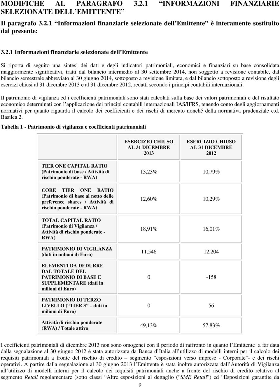 1 Informazioni finanziarie selezionate dell Emittente è interamente sostituito dal presente: 3.2.