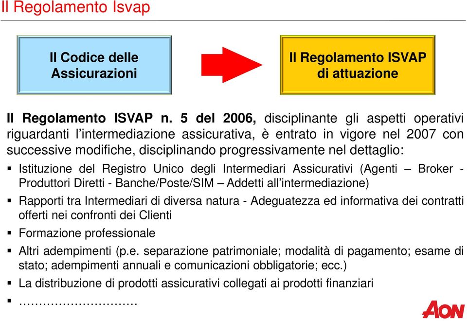 Istituzione del Registro Unico degli Intermediari Assicurativi (Agenti Broker - Produttori Diretti - Banche/Poste/SIM Addetti all intermediazione) Rapporti tra Intermediari di diversa natura -