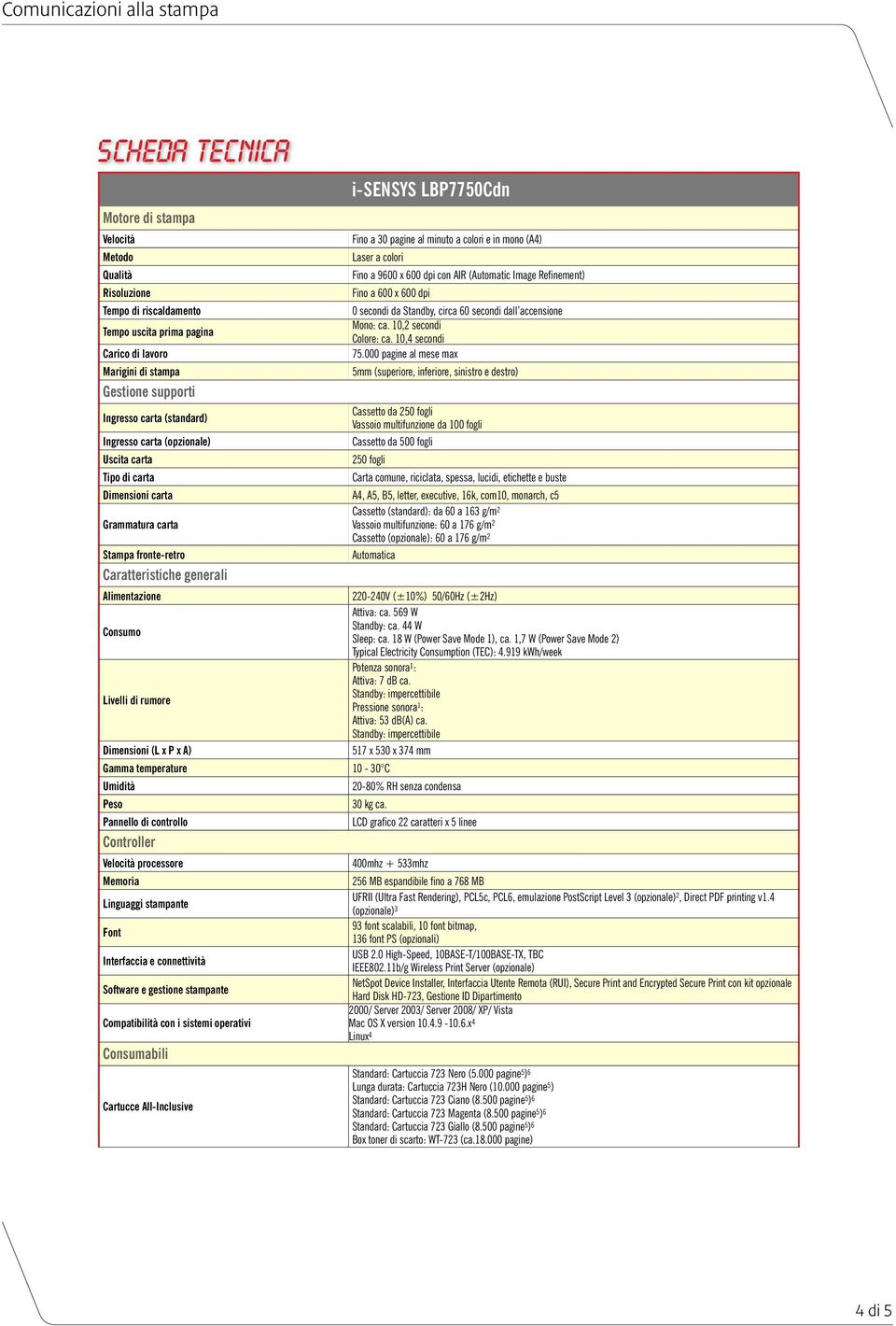 i-sensys LBP7750Cdn Fino a 30 pagine al minuto a colori e in mono (A4) Laser a colori Fino a 9600 x 600 dpi con AIR (Automatic Image Refinement) Fino a 600 x 600 dpi 0 secondi da Standby, circa 60