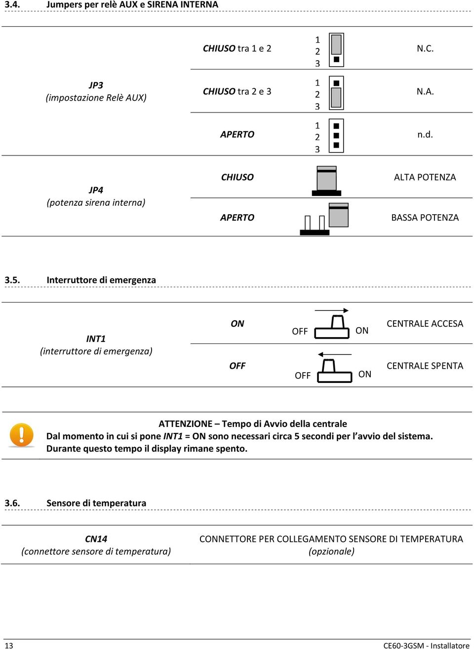 Interruttore di emergenza INT1 (interruttore di emergenza) ON OFF OFF OFF ON ON CENTRALE ACCESA CENTRALE SPENTA ATTENZIONE Tempo di Avvio della centrale Dal momento in