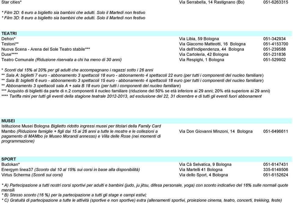dell'indipendenza, 44 Bologna 051-239588 Duse**** Via Cartoleria, 42 Bologna 051-231836 Teatro Comunale (Riduzione riservata a chi ha meno di 30 anni) Via Respighi, 1 Bologna 051-529902 * Sconti dal