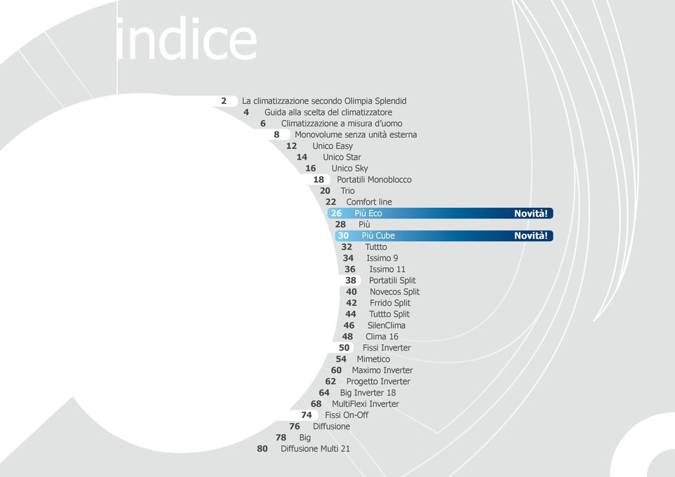 Issimo 9 36 Issimo 11 38 Portatili Split 40 Novecos Split 42 Frrido Split 44 Tuttto Split 46 SilenClima 48 Clima 16 50 Fissi Inverter 54 Mimetico 60