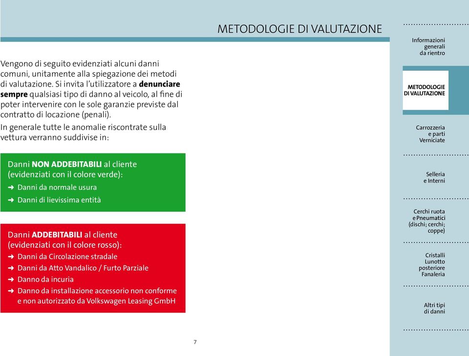 In generale tutte le anomalie riscontrate sulla vettura verranno suddivise in: Informazioni Danni non addebitabili al cliente (evidenziati con il colore verde): Danni da normale usura