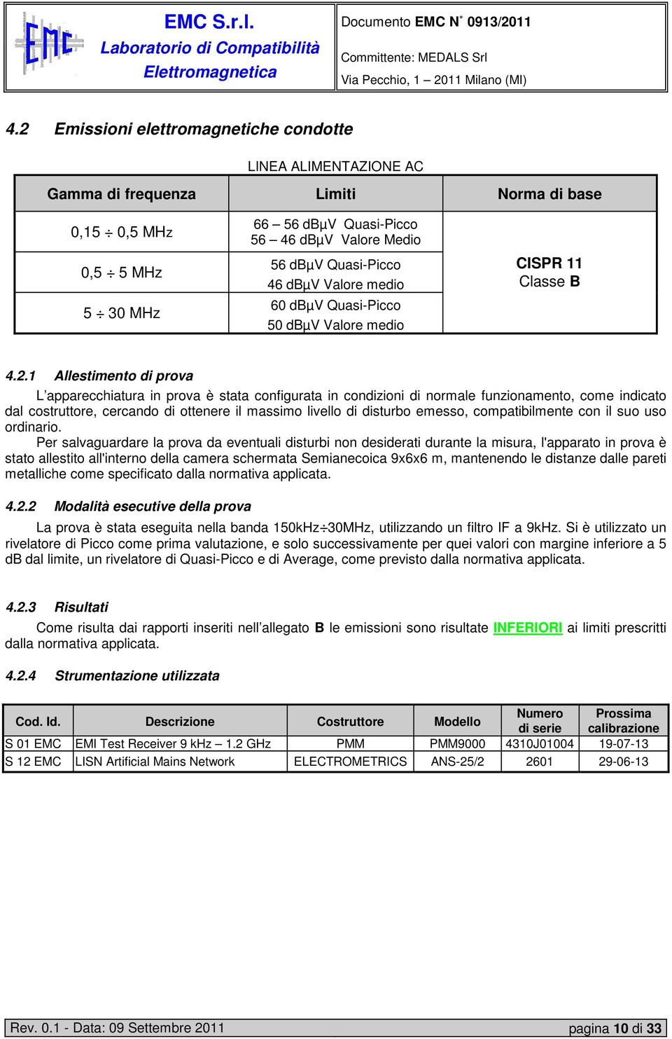 1 Allestimento di prova L apparecchiatura in prova è stata configurata in condizioni di normale funzionamento, come indicato dal costruttore, cercando di ottenere il massimo livello di disturbo