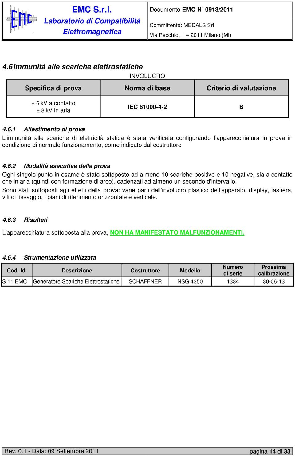 2 Modalità esecutive della prova Ogni singolo punto in esame è stato sottoposto ad almeno 10 scariche positive e 10 negative, sia a contatto che in aria (quindi con formazione di arco), cadenzati ad