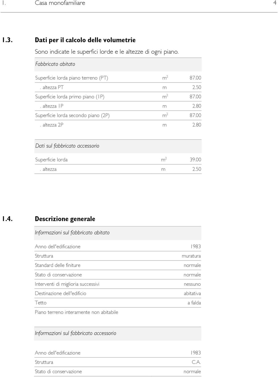 80 Dati sul fabbricato accessorio Superficie lorda m 2 39.00. altezza m 2.50 1.4.