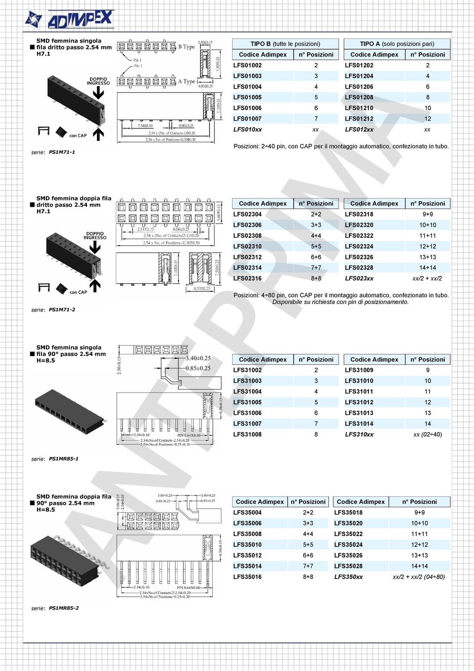 LFS01212 12 LFS010xx xx LFS012xx xx Posizioni: 2 40 pin, con CAP per il montaggio automatico, confezionato in tubo.