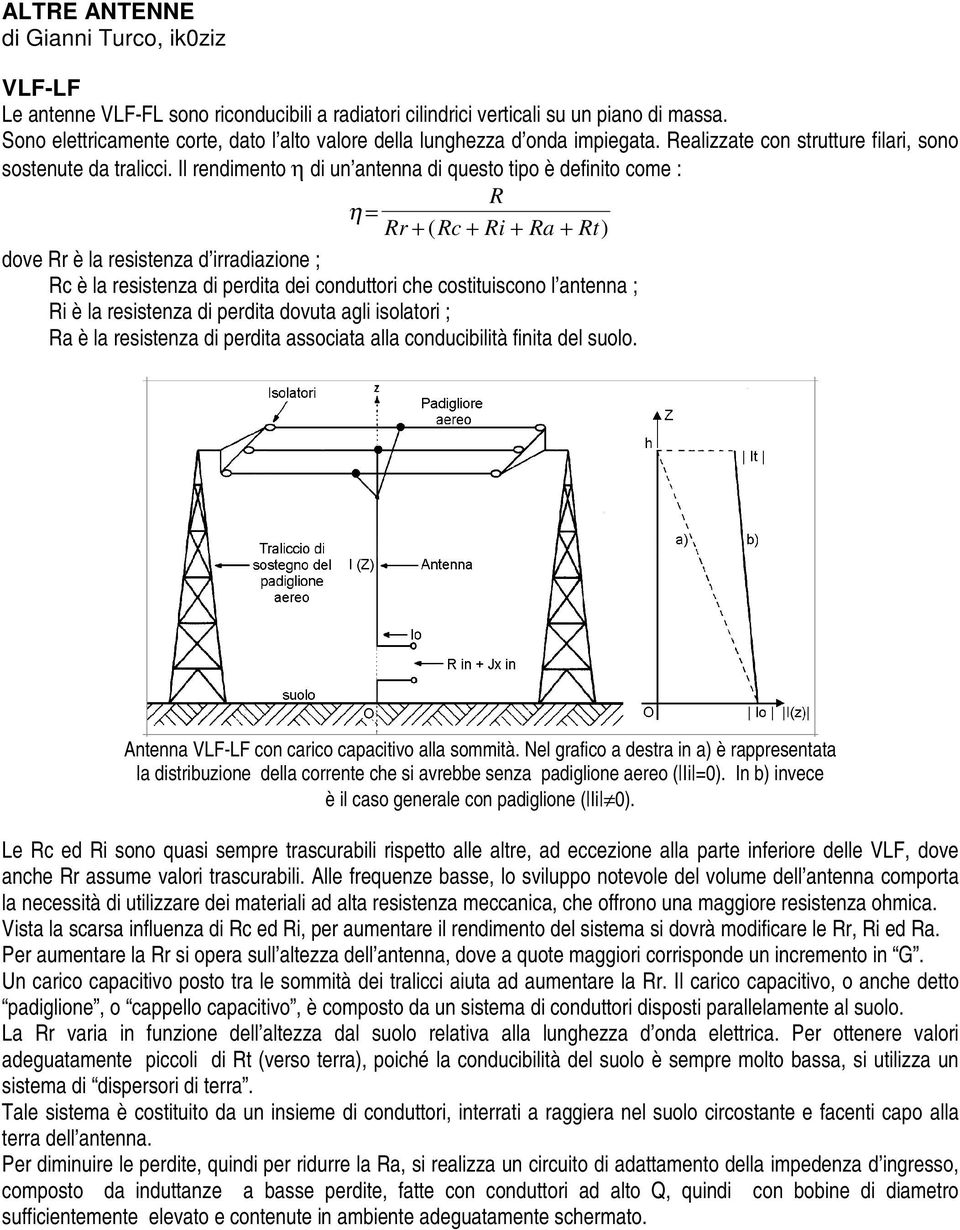 Il rendimento η di un antenna di questo tipo è definito come : R η = Rr + ( Rc + Ri + Ra + Rt) dove Rr è la resistenza d irradiazione ; Rc è la resistenza di perdita dei conduttori che costituiscono