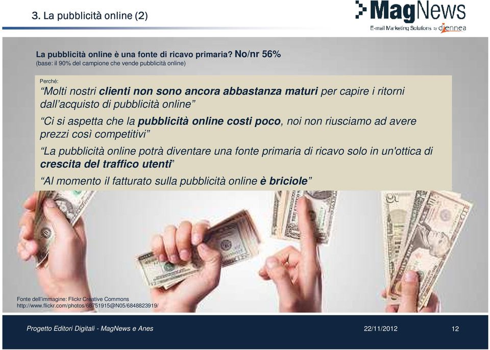 pubblicità online Ci si aspetta che la pubblicità online costi poco, noi non riusciamo ad avere prezzi così competitivi La pubblicità online potrà diventare una fonte