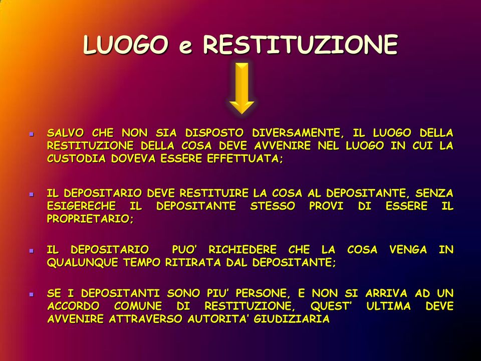 DI ESSERE IL PROPRIETARIO; IL DEPOSITARIO PUO RICHIEDERE CHE LA COSA VENGA IN QUALUNQUE TEMPO RITIRATA DAL DEPOSITANTE; SE I