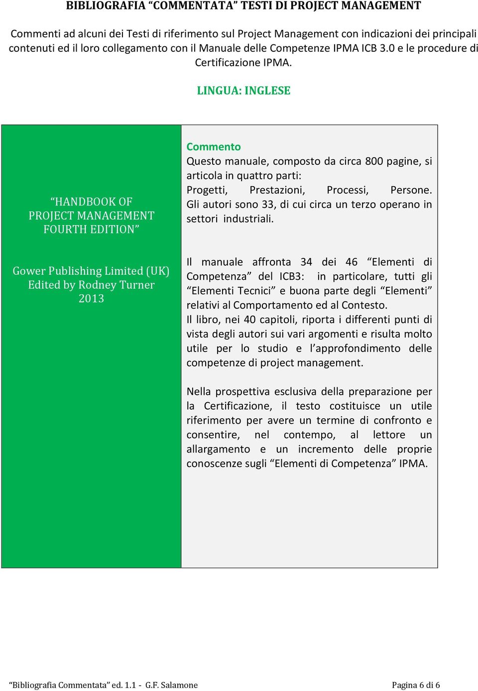 LINGUA: INGLESE HANDBOOK OF PROJECT MANAGEMENT FOURTH EDITION Gower Publishing Limited (UK) Edited by Rodney Turner 2013 Questo manuale, composto da circa 800 pagine, si articola in quattro parti: