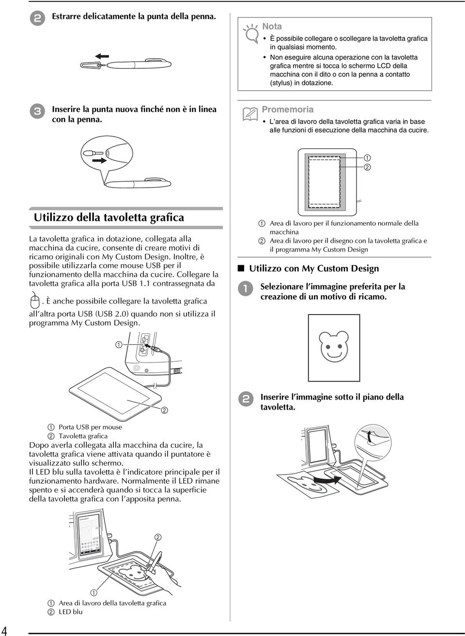 c Inserire la punta nuova finché non è in linea con la penna. Promemoria L area di lavoro della tavoletta grafica varia in base alle funzioni di esecuzione della macchina da cucire.