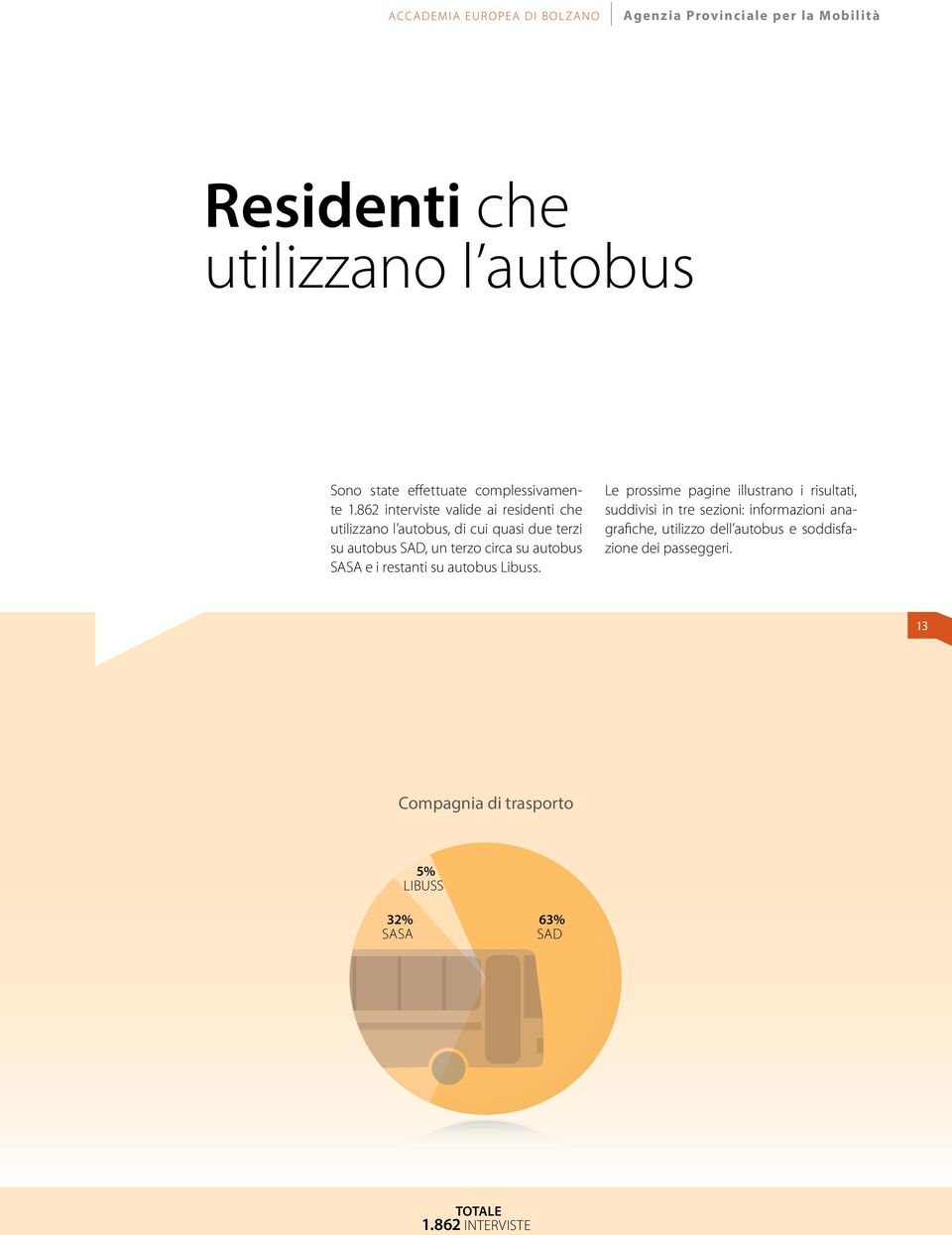 862 interviste valide ai residenti che utilizzano l autobus, di cui quasi due terzi su autobus SAD, un terzo circa su autobus SASA e