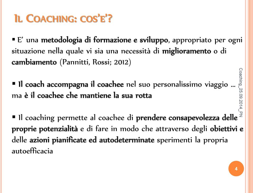 di cambiamento (Pannitti, Rossi; 2012) Il coach accompagna il coachee nel suo personalissimo viaggio ma è il coachee che