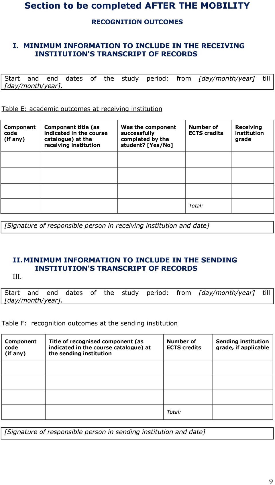 Table E: academic outcomes at receiving institution Component code (if any) Component title (as indicated in the course catalogue) at the receiving institution Was the component successfully