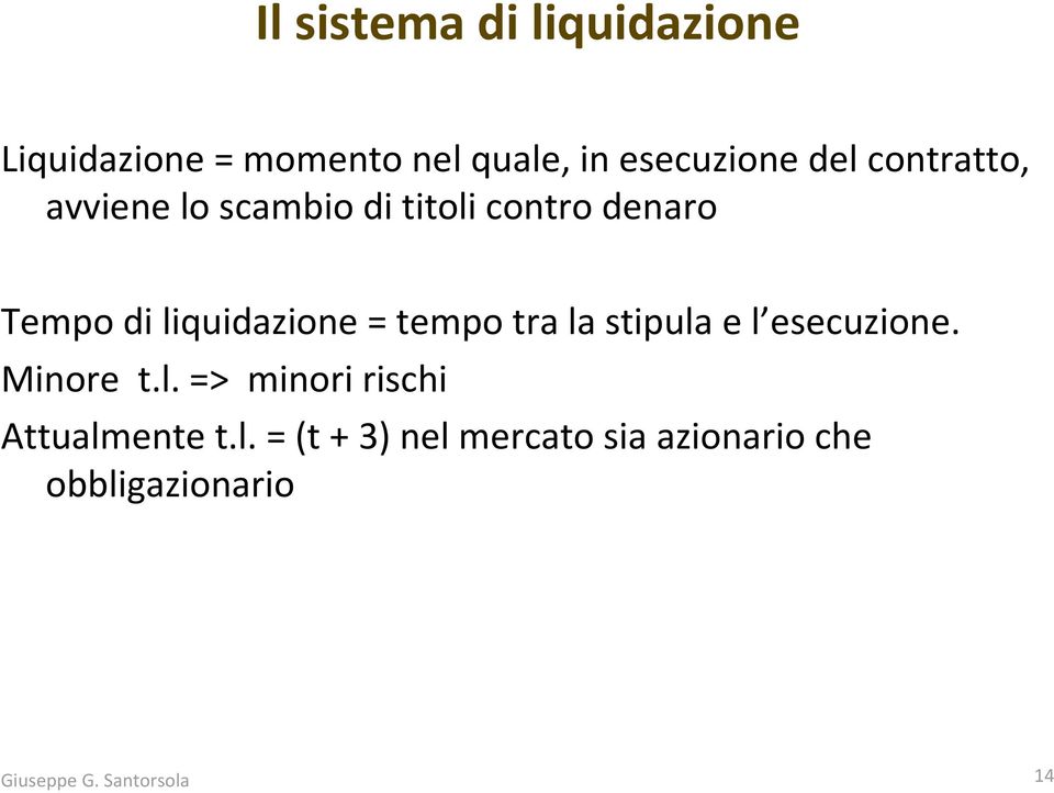 liquidazione = tempo tra la stipula e l esecuzione. Minore t.l. => minori rischi Attualmente t.