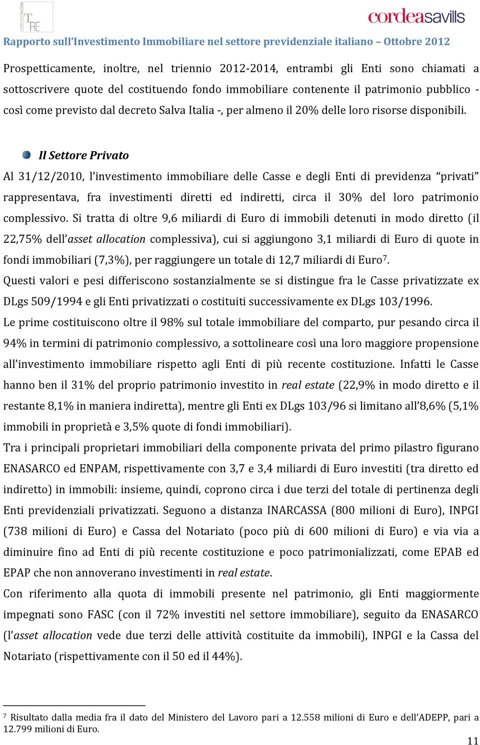 Il Settore Privato Al 31/12/2010, l investimento immobiliare delle Casse e degli Enti di previdenza privati rappresentava, fra investimenti diretti ed indiretti, circa il 30% del loro patrimonio