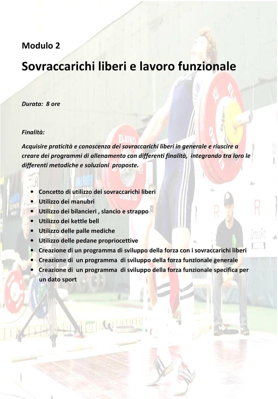 Concetto di utilizzo dei sovraccarichi liberi Utilizzo dei manubri Utilizzo dei bilancieri, slancio e strappo Utilizzo dei kettle bell Utilizzo delle palle mediche Utilizzo