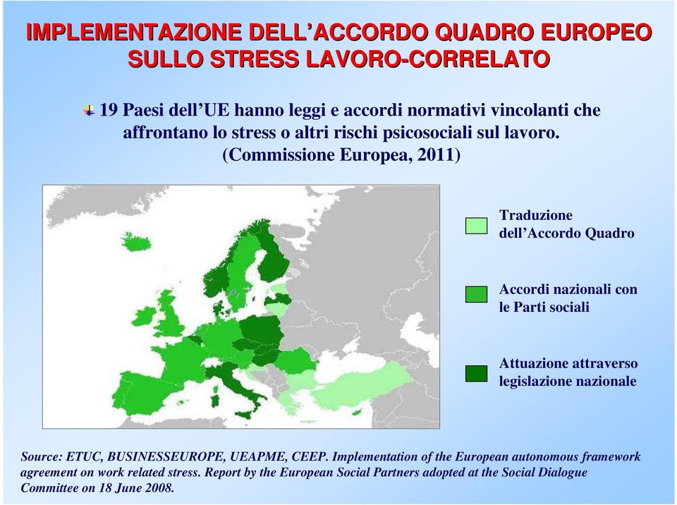 (Commissione Europea, 2011) Traduzione dell Accordo Quadro Accordi nazionali con le Parti sociali Attuazione attraverso legislazione