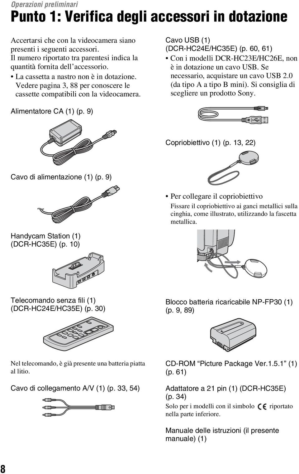Cavo USB (1) (DCR-HC24E/HC35E) (p. 60, 61) Con i modelli DCR-HC23E/HC26E, non è in dotazione un cavo USB. Se necessario, acquistare un cavo USB 2.0 (da tipo A a tipo B mini).