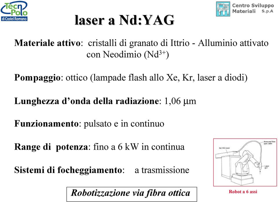 onda della radiazione: 1,06 µm Funzionamento: pulsato e in continuo Range di potenza: fino a 6