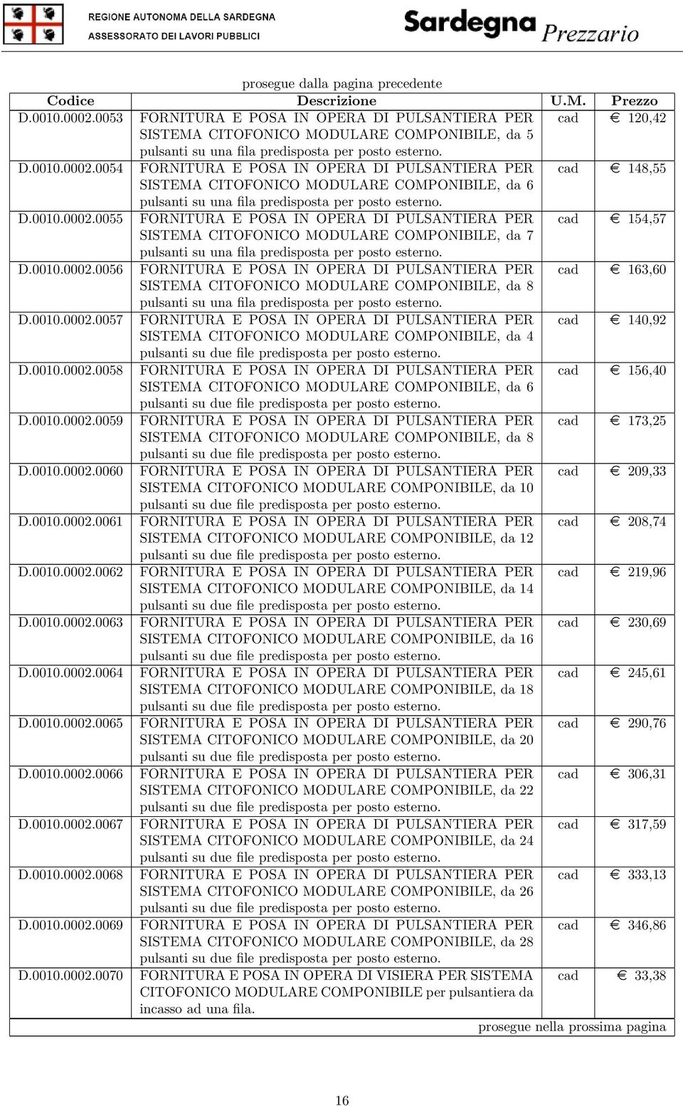 D.0010.0002.0057 FORNITURA E POSA IN OPERA DI PULSANTIERA PER cad e 140,92 SISTEMA CITOFONICO MODULARE COMPONIBILE, da 4 pulsanti su due file predisposta per posto esterno. D.0010.0002.0058 FORNITURA E POSA IN OPERA DI PULSANTIERA PER cad e 156,40 SISTEMA CITOFONICO MODULARE COMPONIBILE, da 6 pulsanti su due file predisposta per posto esterno.