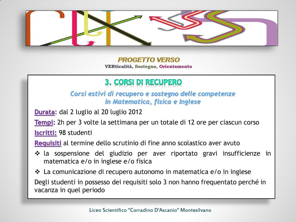 scolastico aver avuto la sospensione del giudizio per aver riportato gravi insufficienze in matematica e/o in inglese e/o fisica La