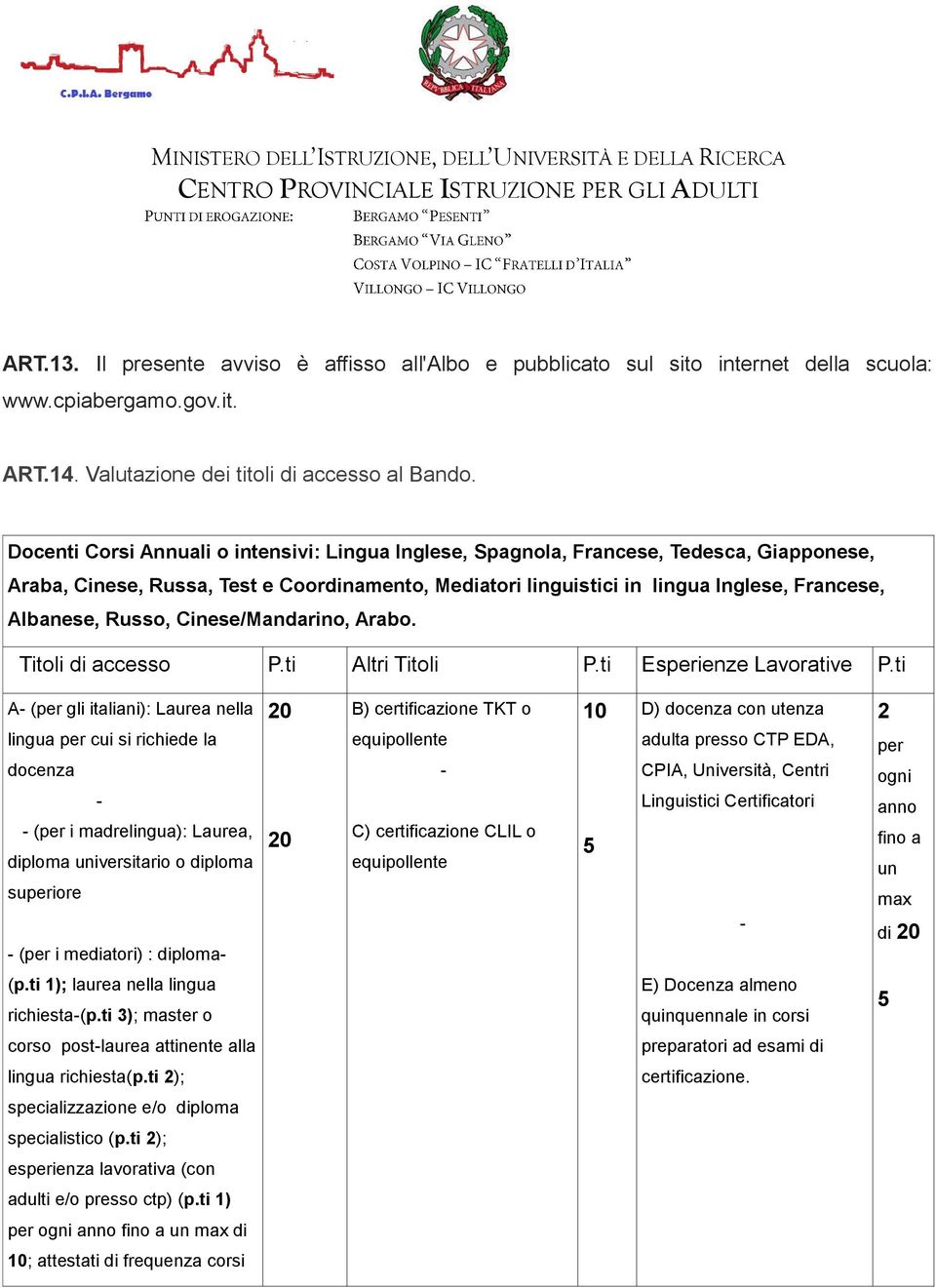 Russo, Cinese/Mandarino, Arabo. Titoli di accesso P.ti Altri Titoli P.ti Esienze Lavorative P.