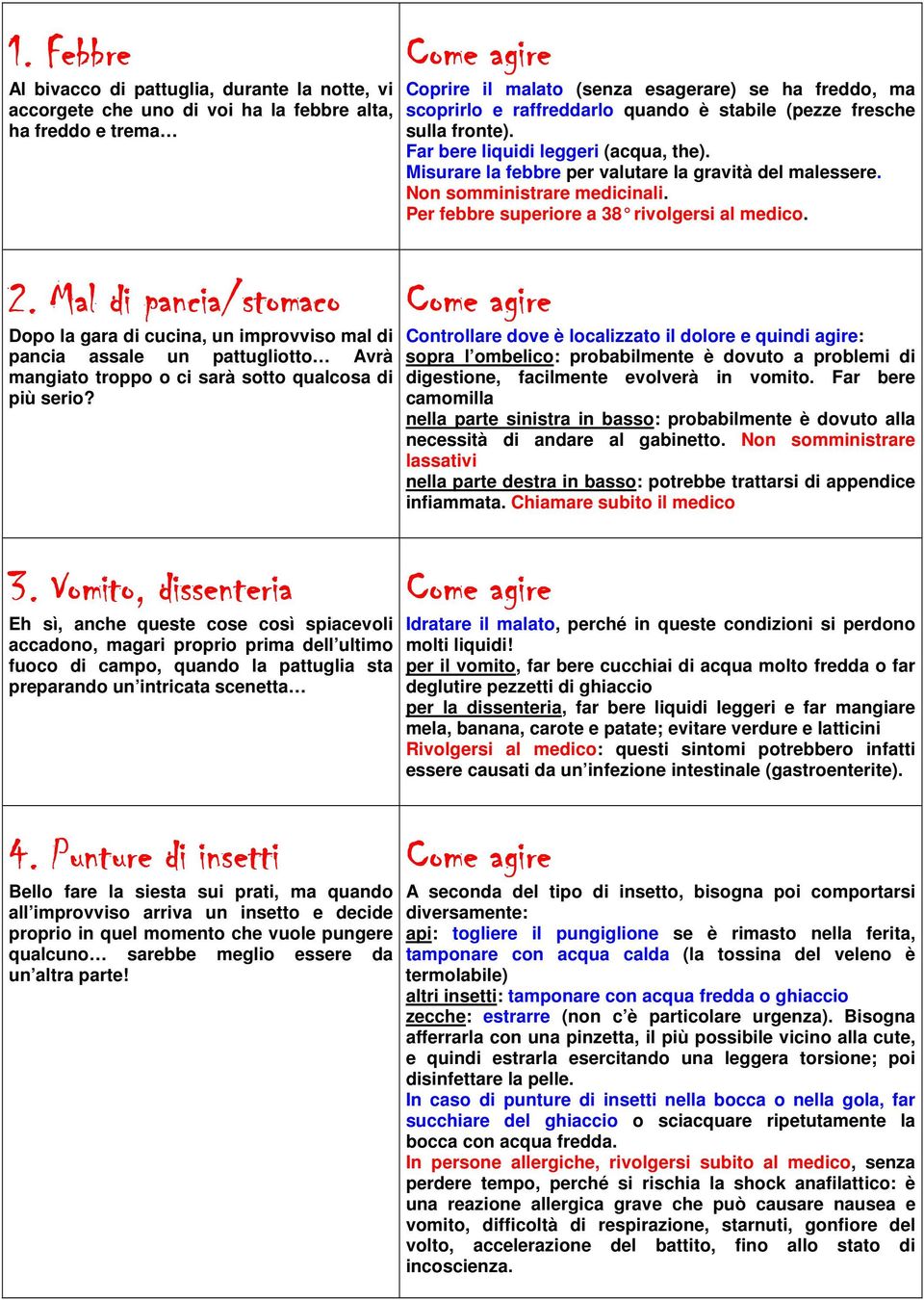 Vomito, dissenteria Eh sì, anche queste cose così spiacevoli accadono, magari proprio prima dell ultimo fuoco di campo, quando la pattuglia sta preparando un intricata scenetta 4.