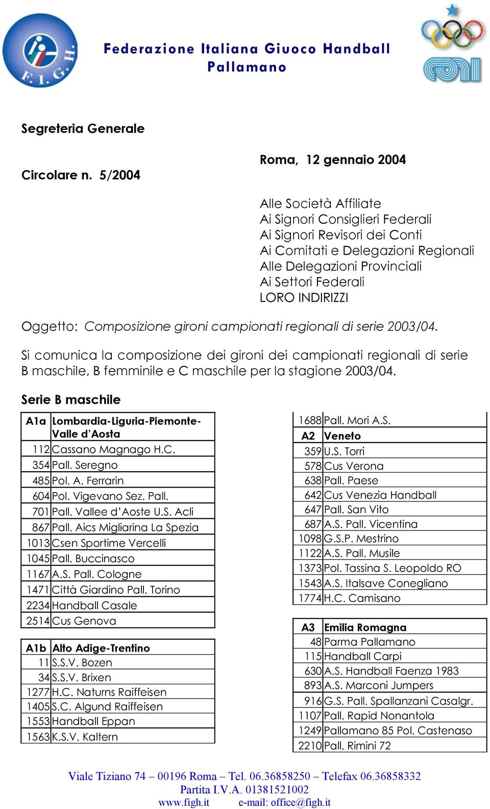 LORO INDIRIZZI Oggetto: Composizione gironi campionati regionali di serie 2003/04.