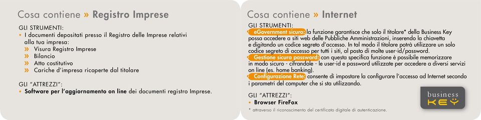 Cosa contiene» Internet Gli strumenti: egovernment sicuro: la funzione garantisce che solo il titolare* della Business Key possa accedere a siti web delle Pubbliche Amministrazioni, inserendo la