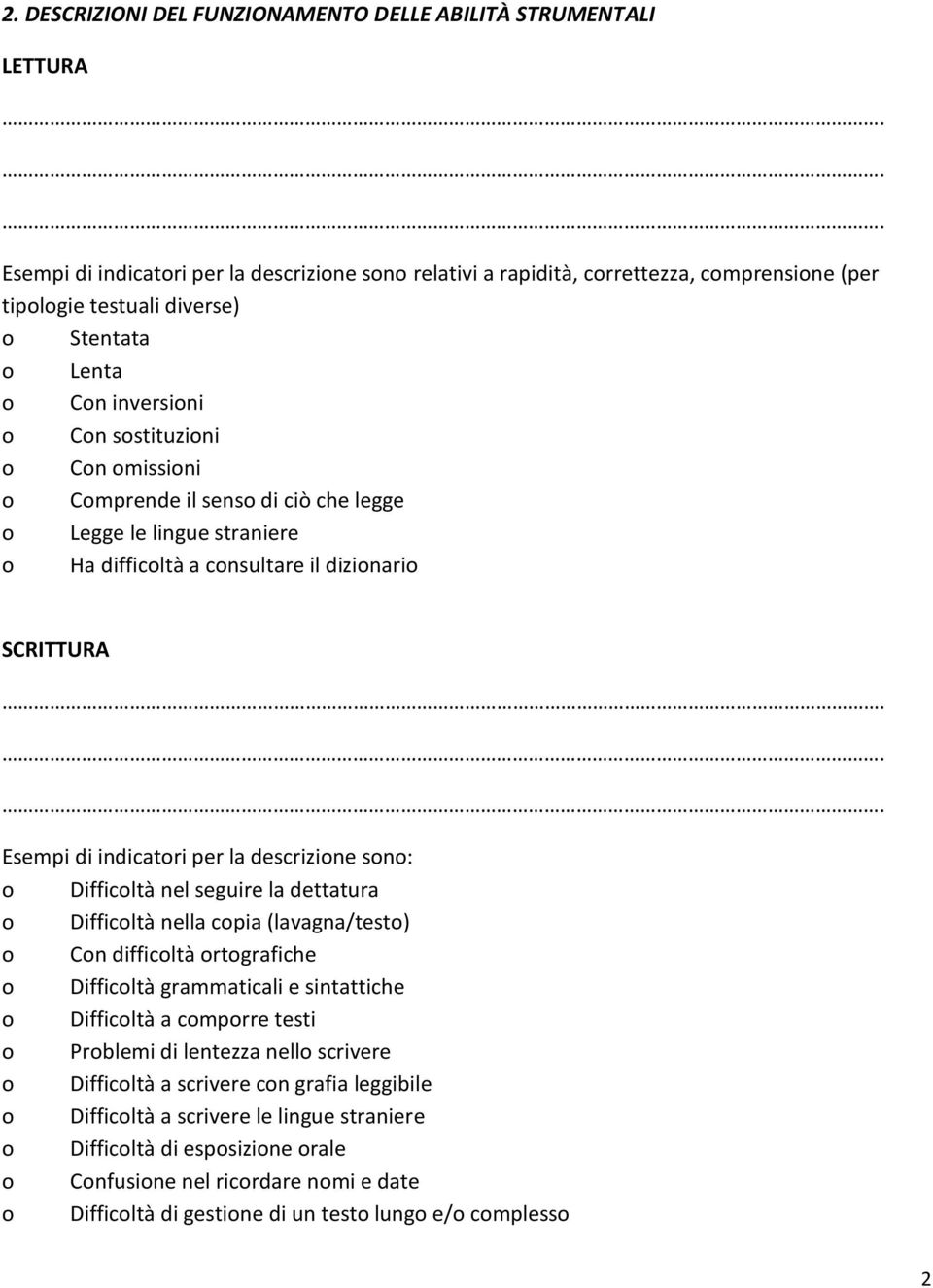 indicatori per la descrizione sono: o Difficoltà nel seguire la dettatura o Difficoltà nella copia (lavagna/testo) o Con difficoltà ortografiche o Difficoltà grammaticali e sintattiche o Difficoltà a