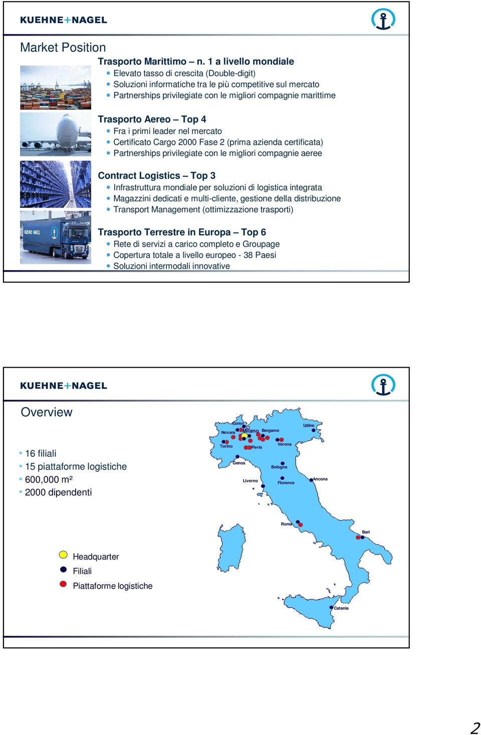 Top 4 Fra i primi leader nel mercato Certificato Cargo 2000 Fase 2 (prima azienda certificata) Partnerships privilegiate con le migliori compagnie aeree Contract Logistics Top 3 Infrastruttura