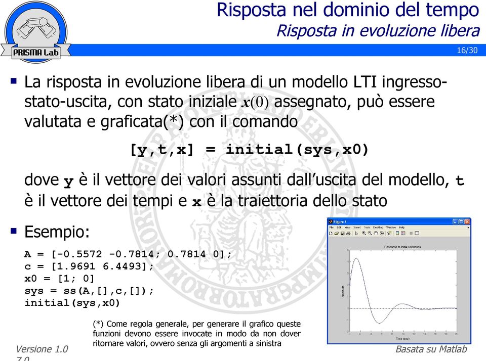 vettore dei tempi e x è la traiettoria dello stato Esempio: A = [-0.5572-0.7814; 0.7814 0]; c = [1.9691 6.