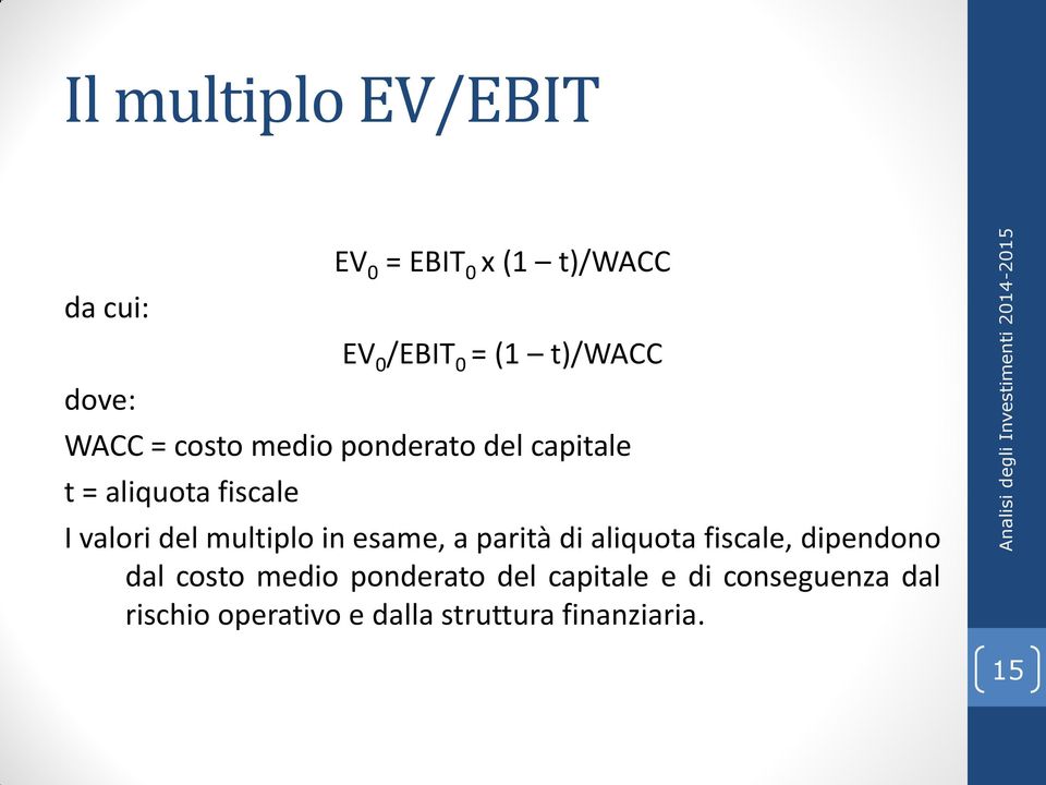 multiplo in esame, a parità di aliquota fiscale, dipendono dal costo medio